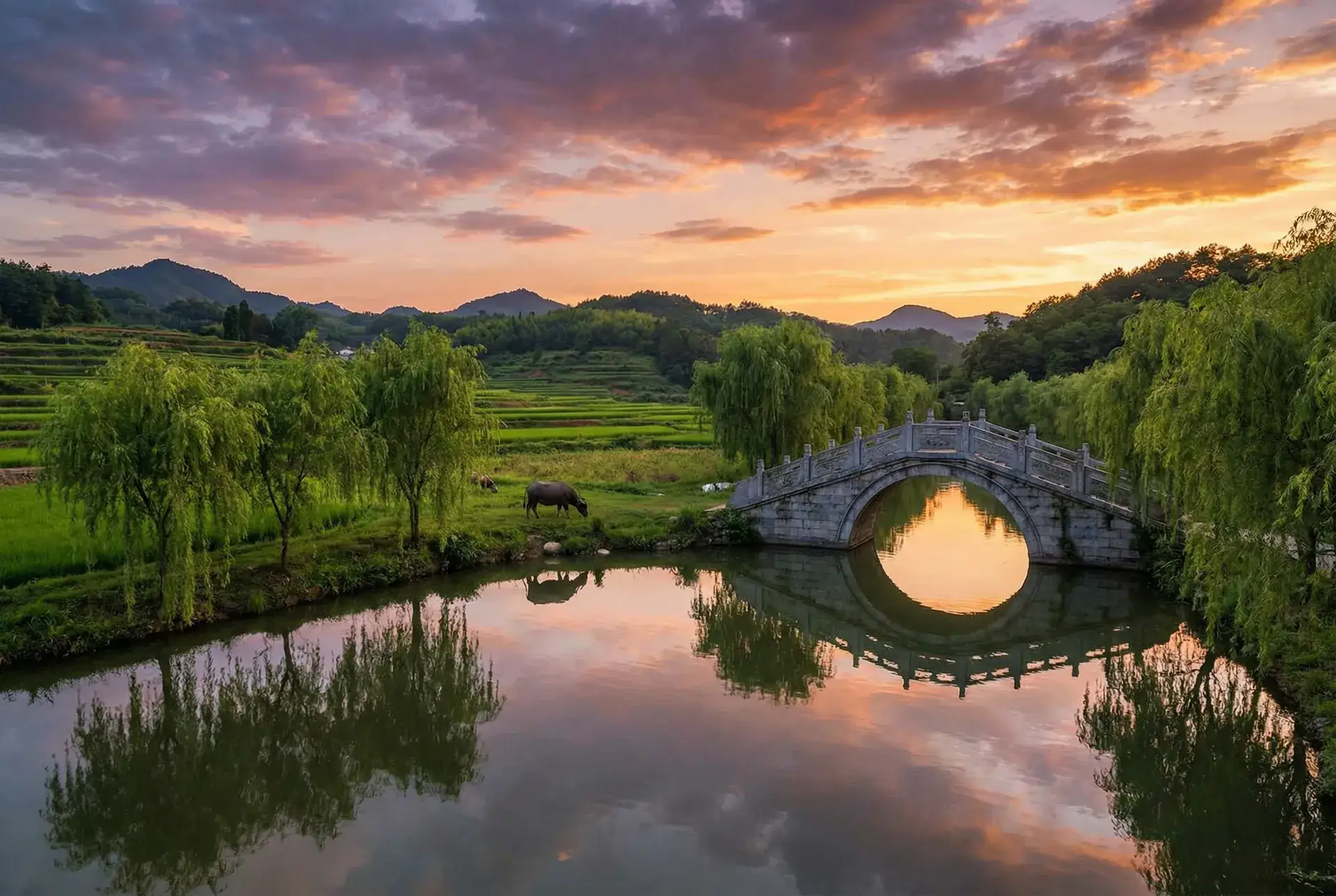 夕阳下的石拱桥与垂柳，水牛在河边吃草 - 亲爱的热爱的全集免费观看完整版 乡村美景